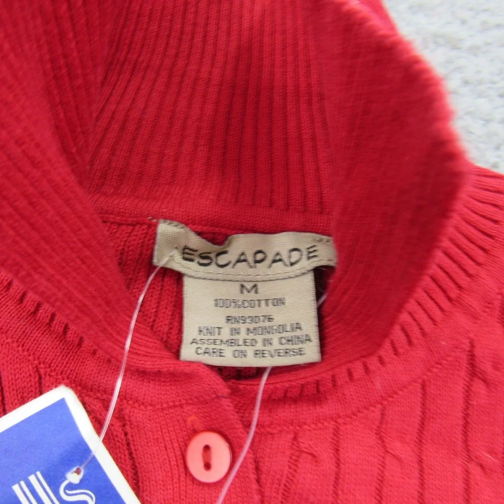 Escapade Red Cotton Cable‎ Knit Mock Neck Button Up Sweater Women's Size M